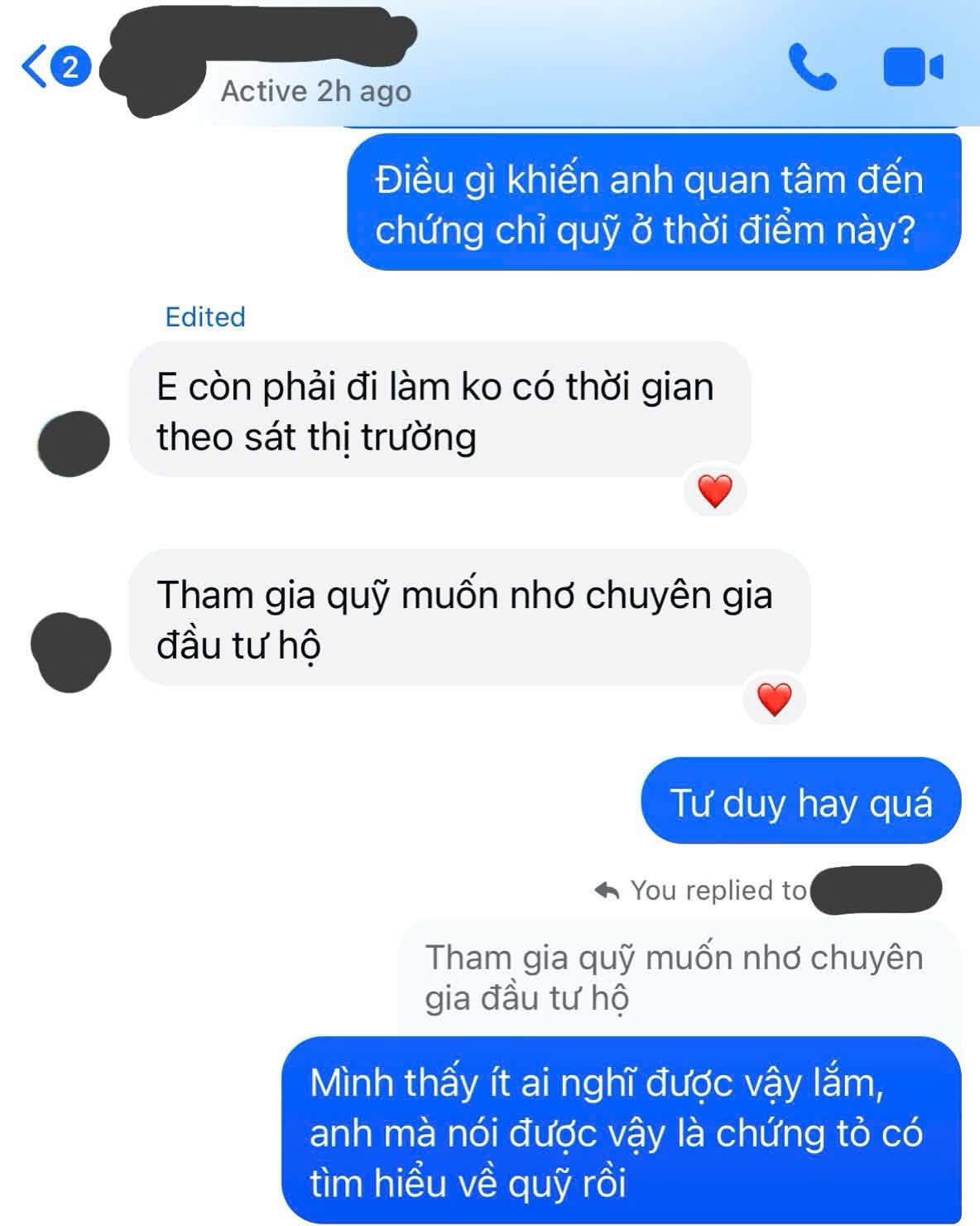 Đoạn hội thoại Messenger về lý do quan tâm đến chứng chỉ quỹ