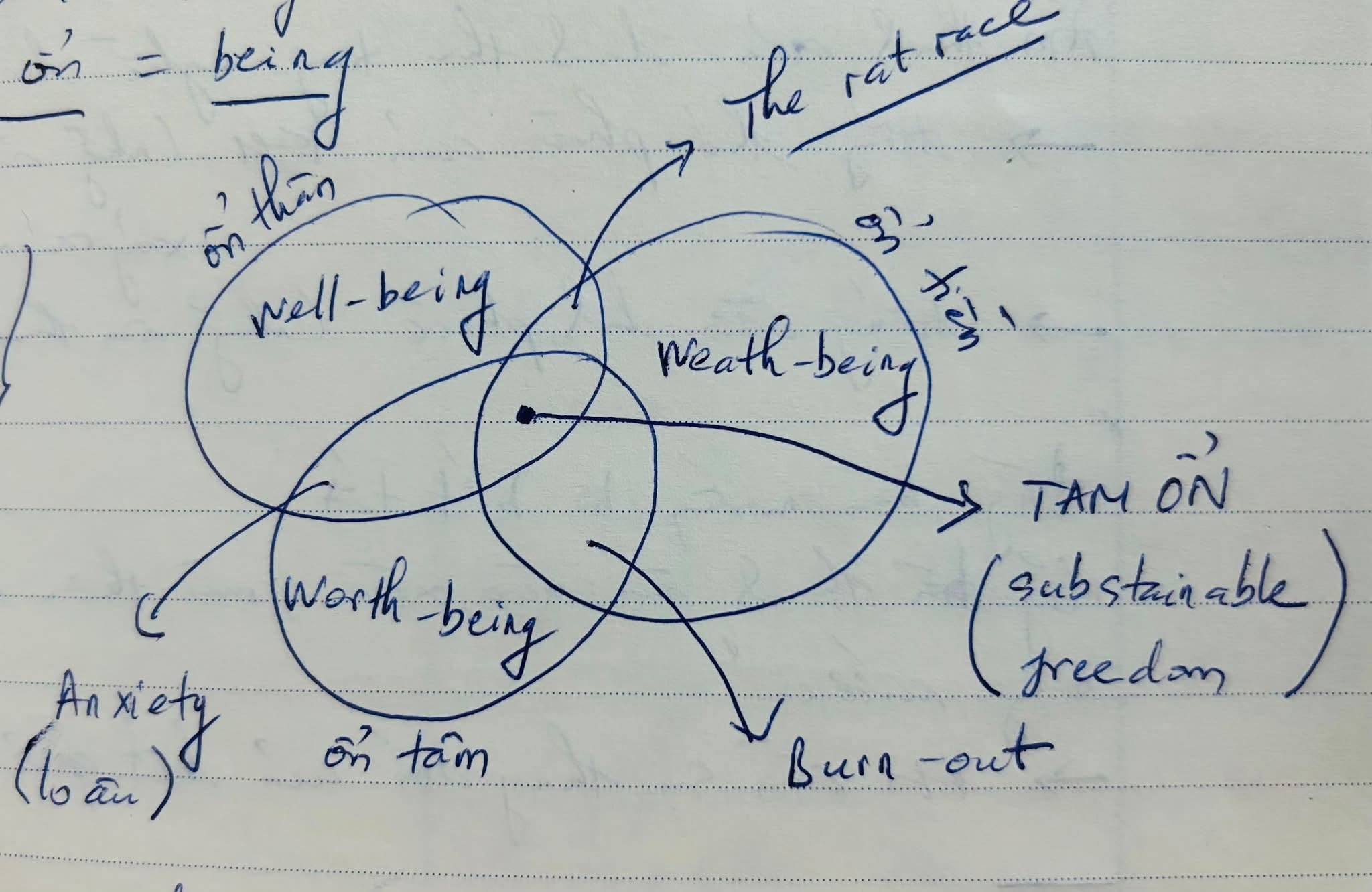 Sơ đồ Venn 3 vòng tròn Well-being, Worth-being, Wealth-being giao nhau tạo thành TAM ỔN, các vùng giao thiếu chỉ tạo ra Rat Race, Anxiety hoặc Burn-out