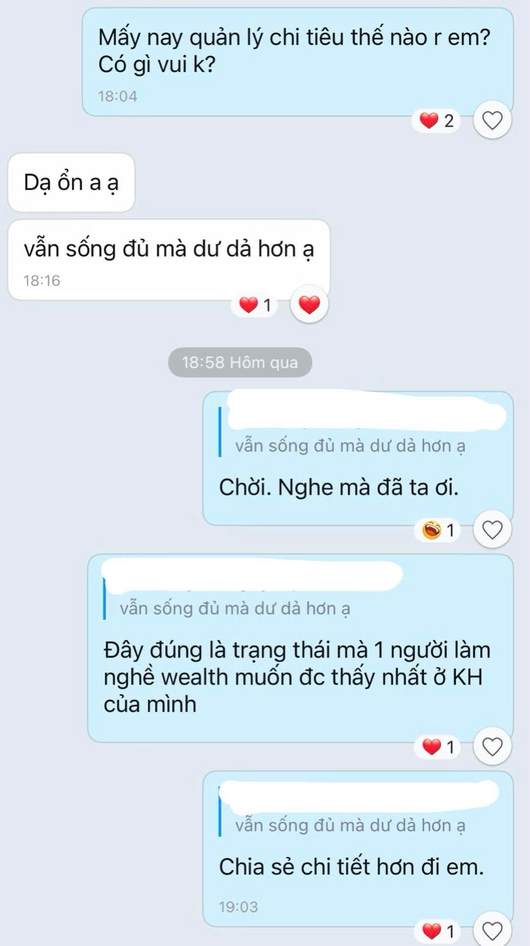Tin nhắn khách hàng chia sẻ vẫn sống đủ mà dư dả hơn sau khi quản lý chi tiêu